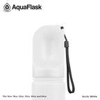 White water bottle with black wrist strap on a white background, featuring AquaFlask branding.