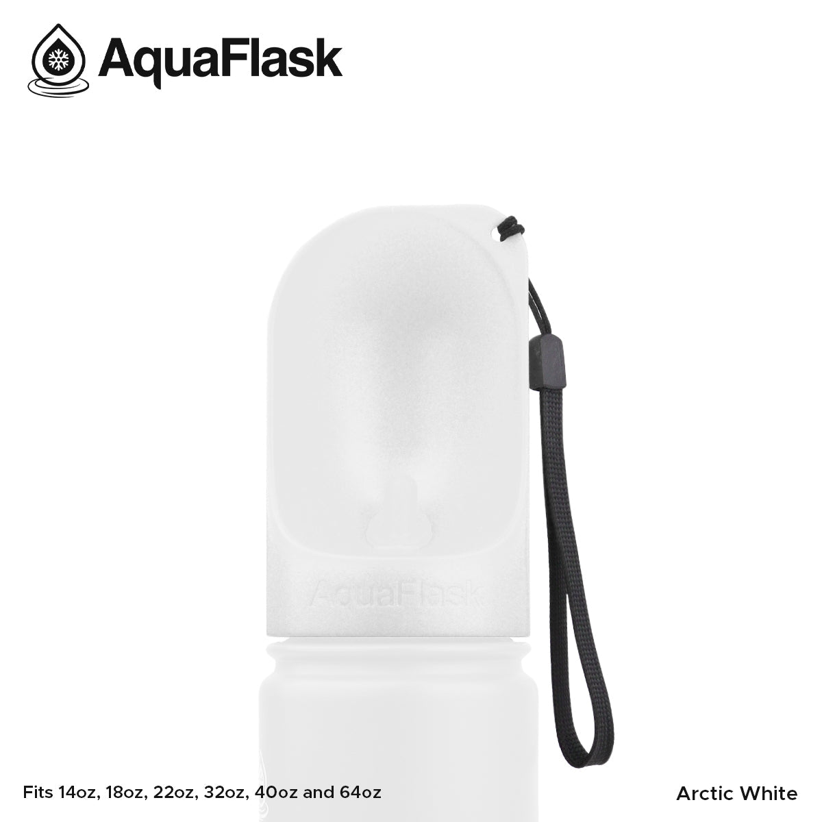 White water bottle with black wrist strap on a white background, featuring AquaFlask branding.