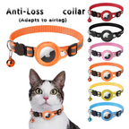 Set of colorful anti-loss collars with a cat wearing an orange collar.