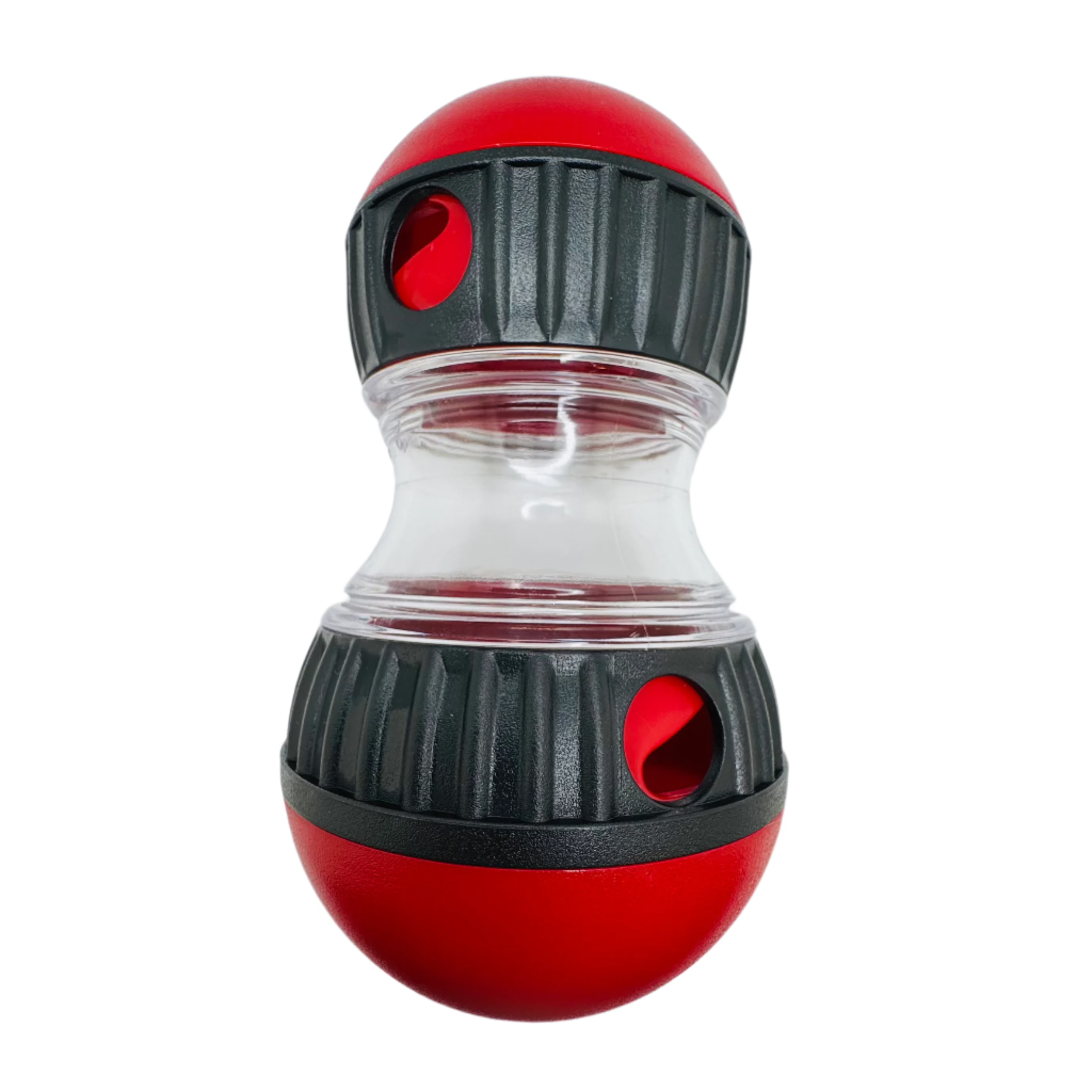 Red and black slow feeding toy for cats and dogs with a clear center on a white background