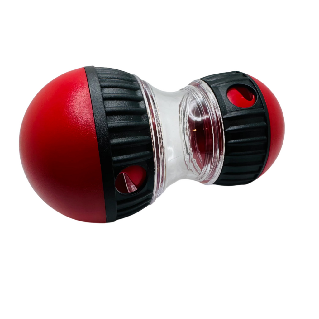 Red and black slow feeding toy for cats and dogs with a clear center on a white background