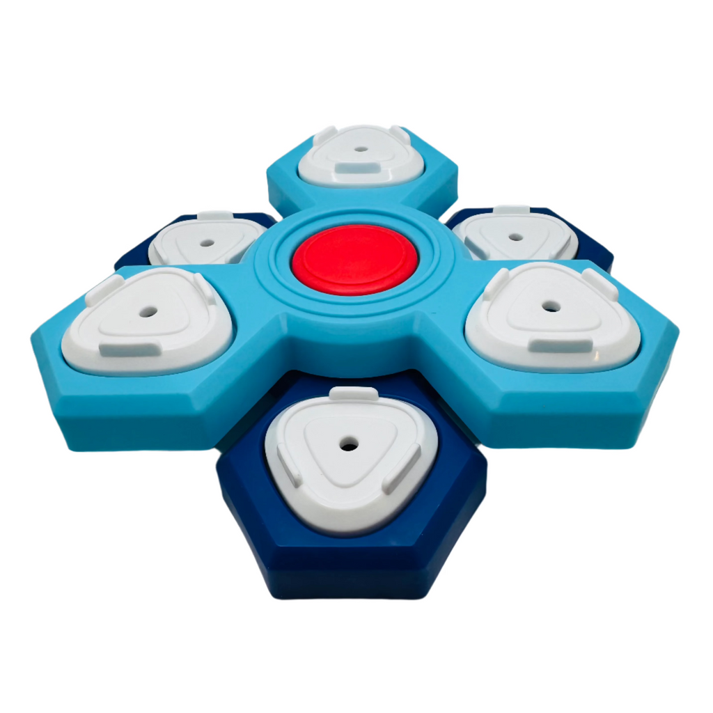 Blue and white dog puzzle with a red center on a white background