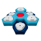 Blue and white dog puzzle with a red center on a white background