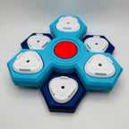 Blue and white dog puzzle with a red center on a gray background
