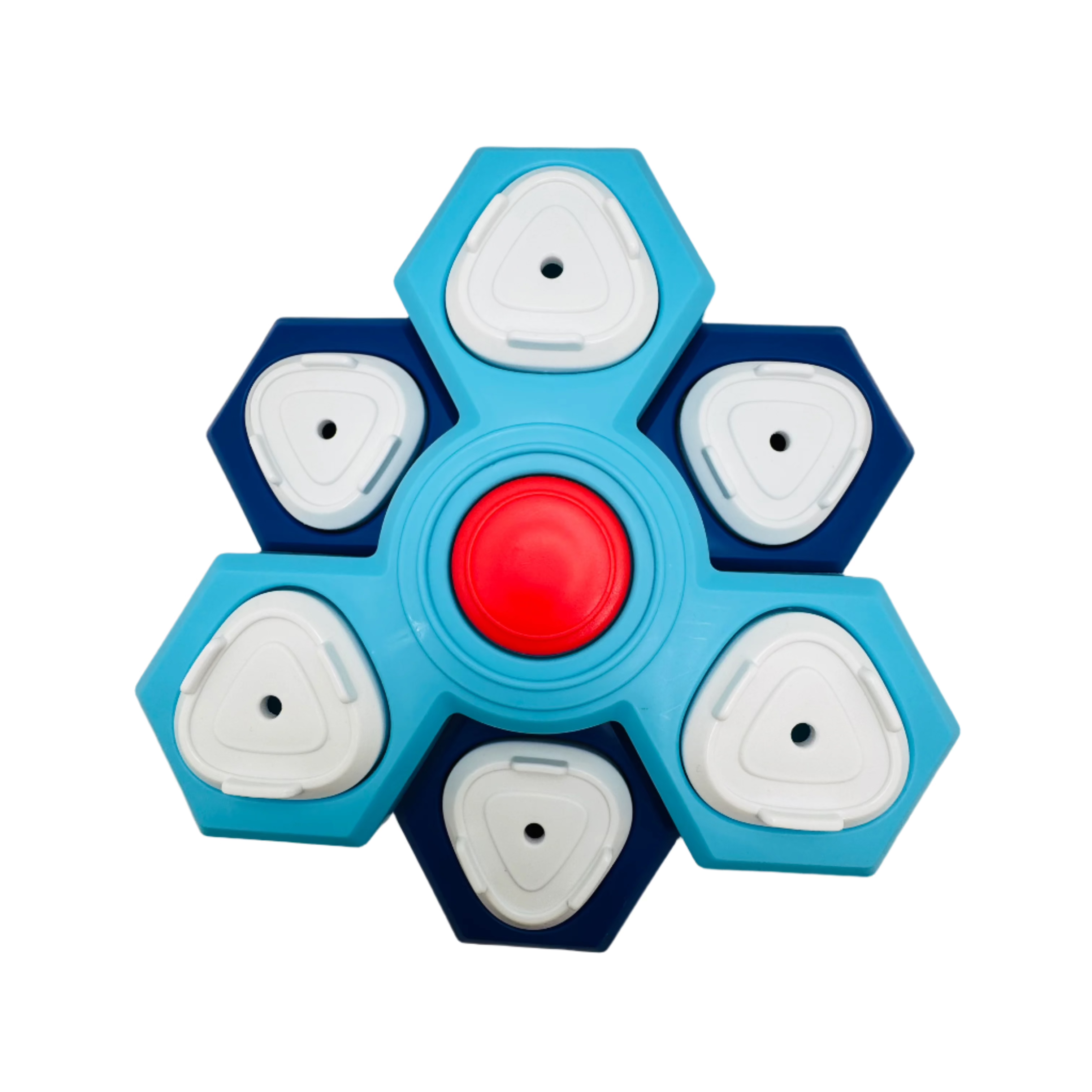 Blue and dog puzzle with a red center on a white background