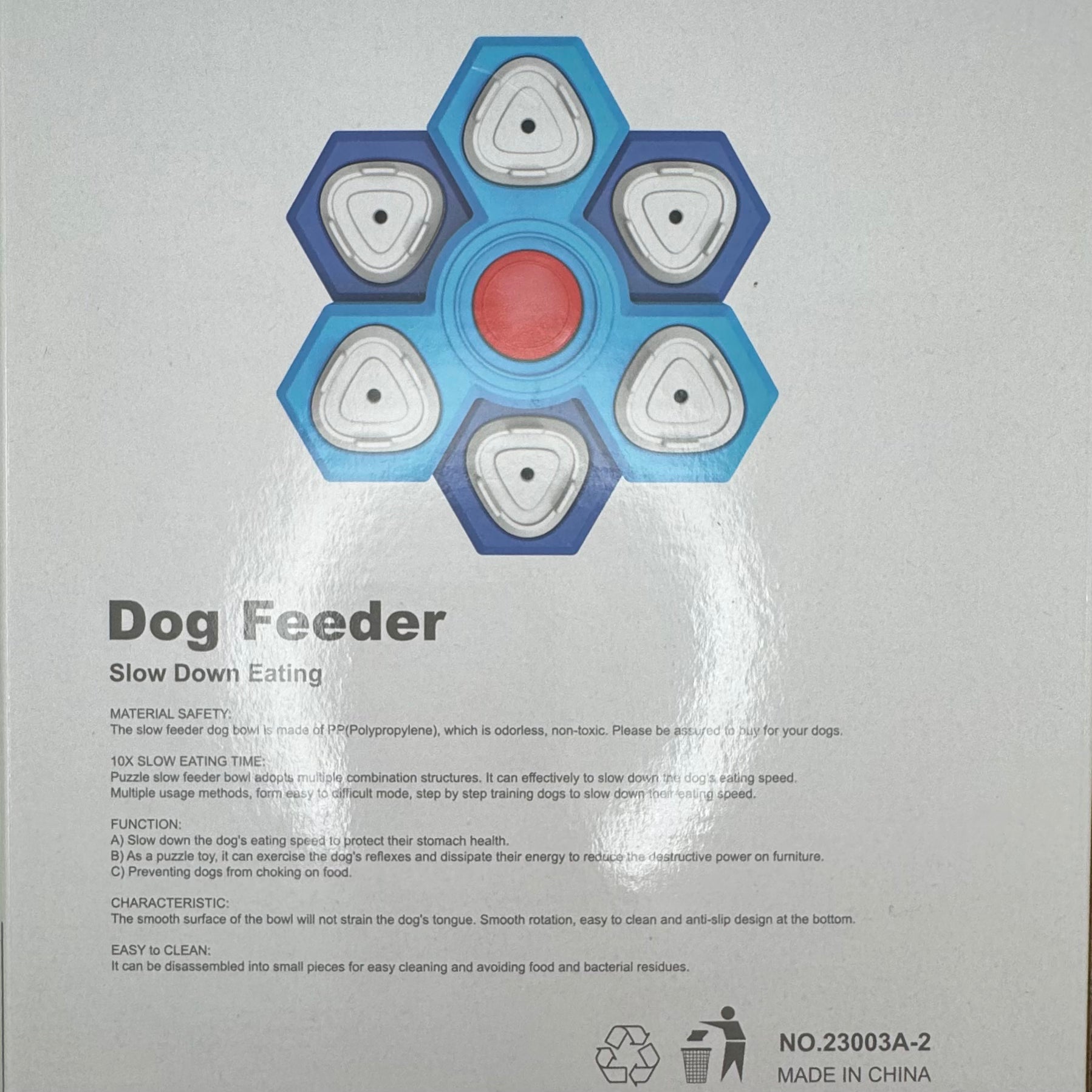 Dog feeder packaging with blue and white design on a gray background