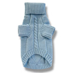 Blue knitted dog sweater on a white background