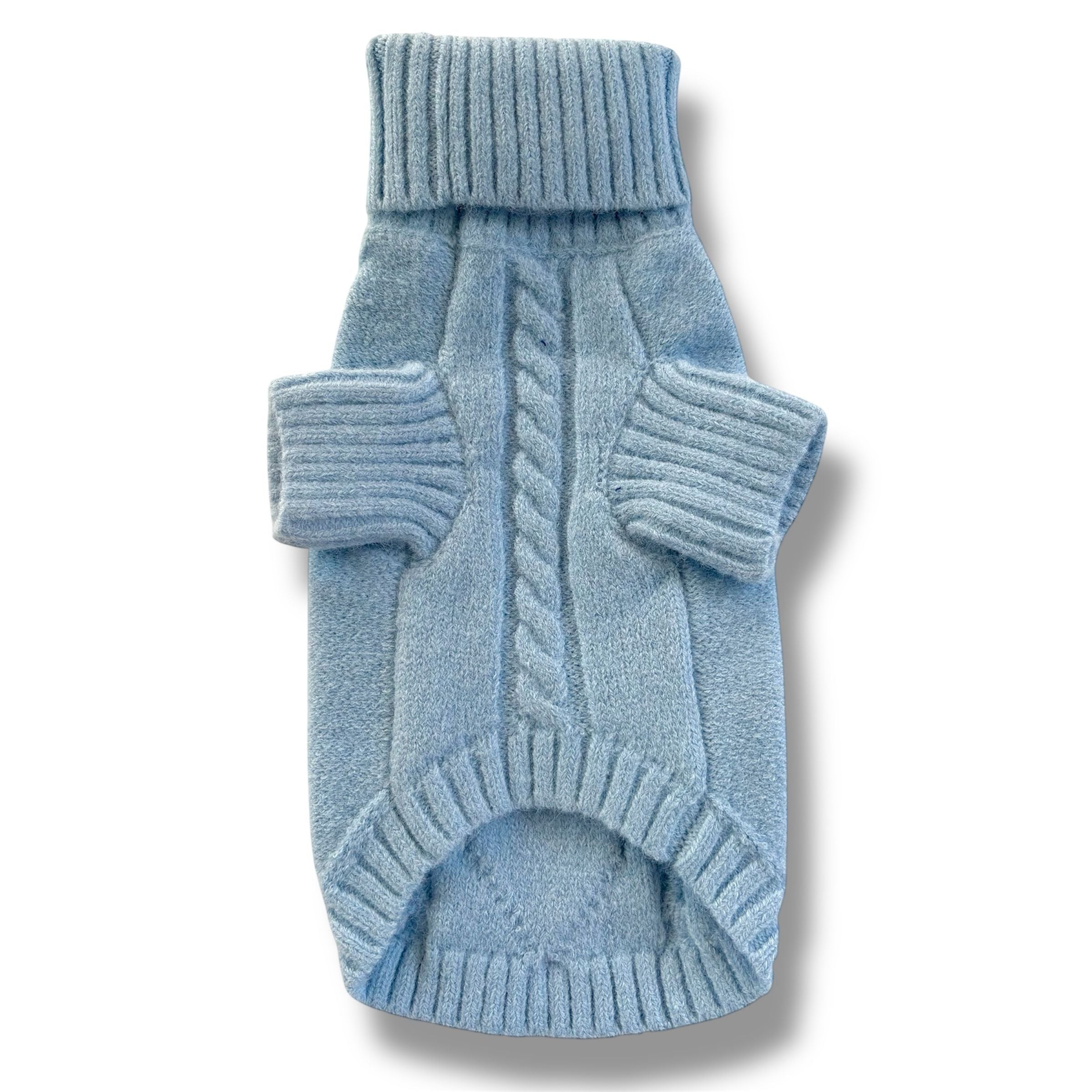 Blue knitted dog sweater on a white background