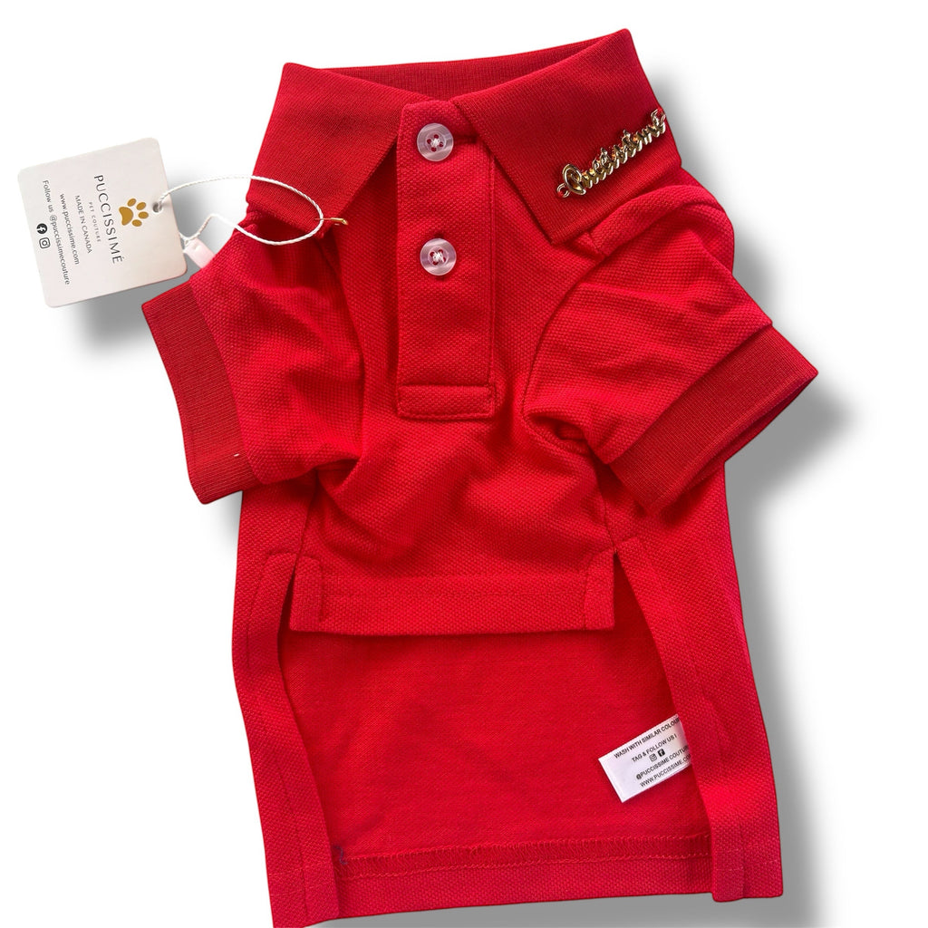 Red dog pet polo shirt with collar and tag on a white background