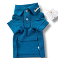 Blue dog outfit with a collar and tag on a white background