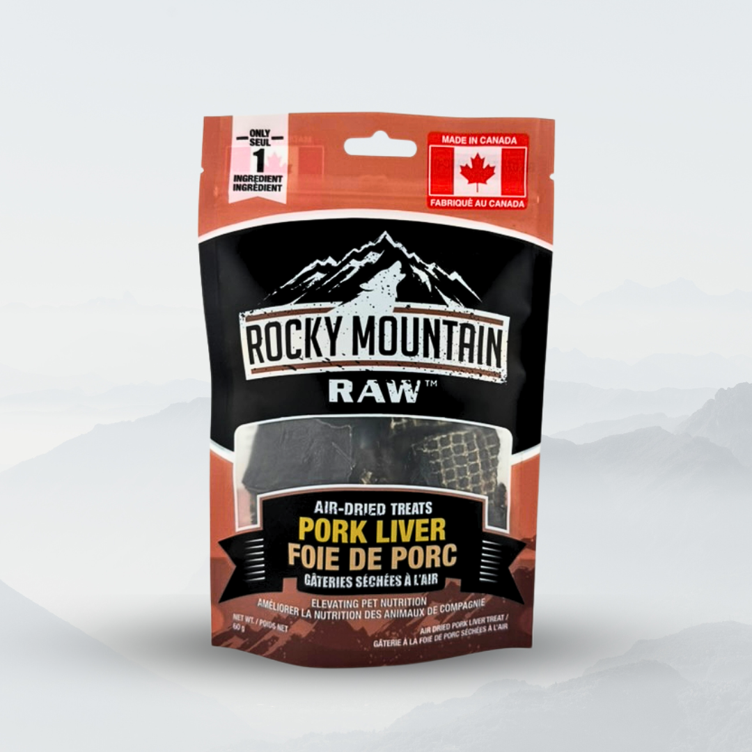 Package of Rocky Mountain Raw air-dried pork liver treats on a white background