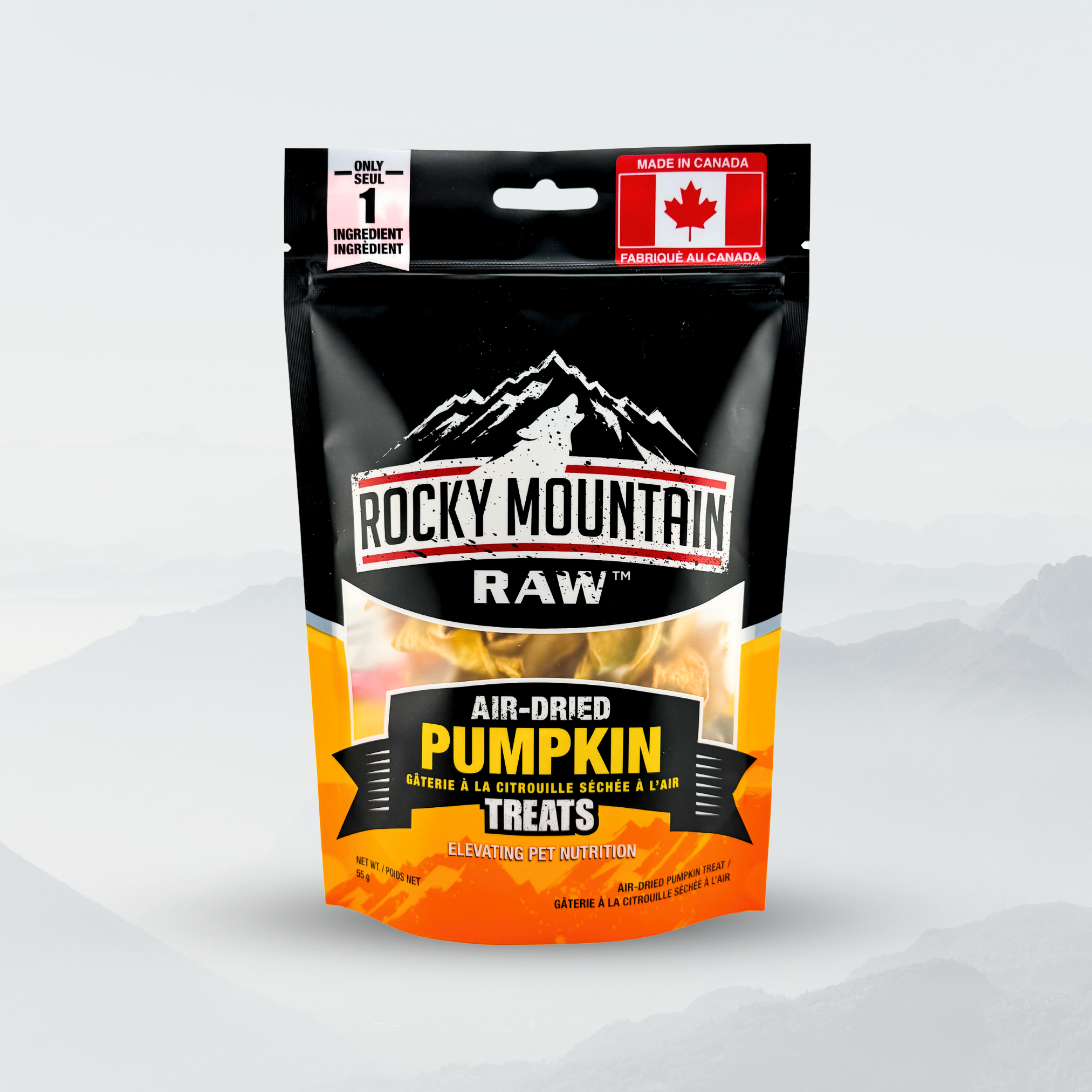 Package of Rocky Mountain Raw air-dried pumpkin treats on a white background