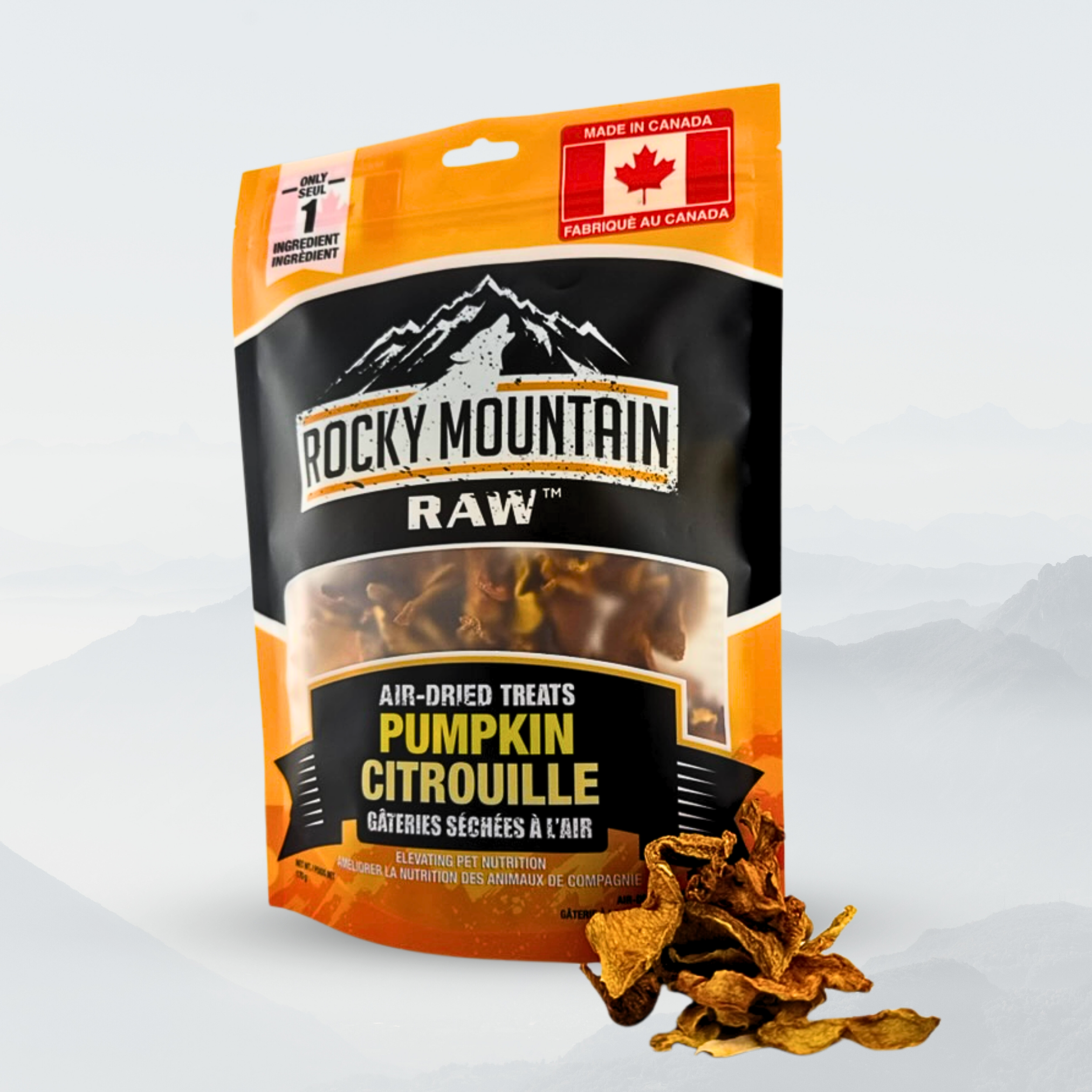 Package of Rocky Mountain Raw pumpkin air-dried treats with a mountain design on a white background