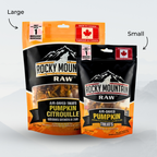 Two packages of Rocky Mountain Raw air-dried pumpkin treats, one large and one small, on a light gray background.