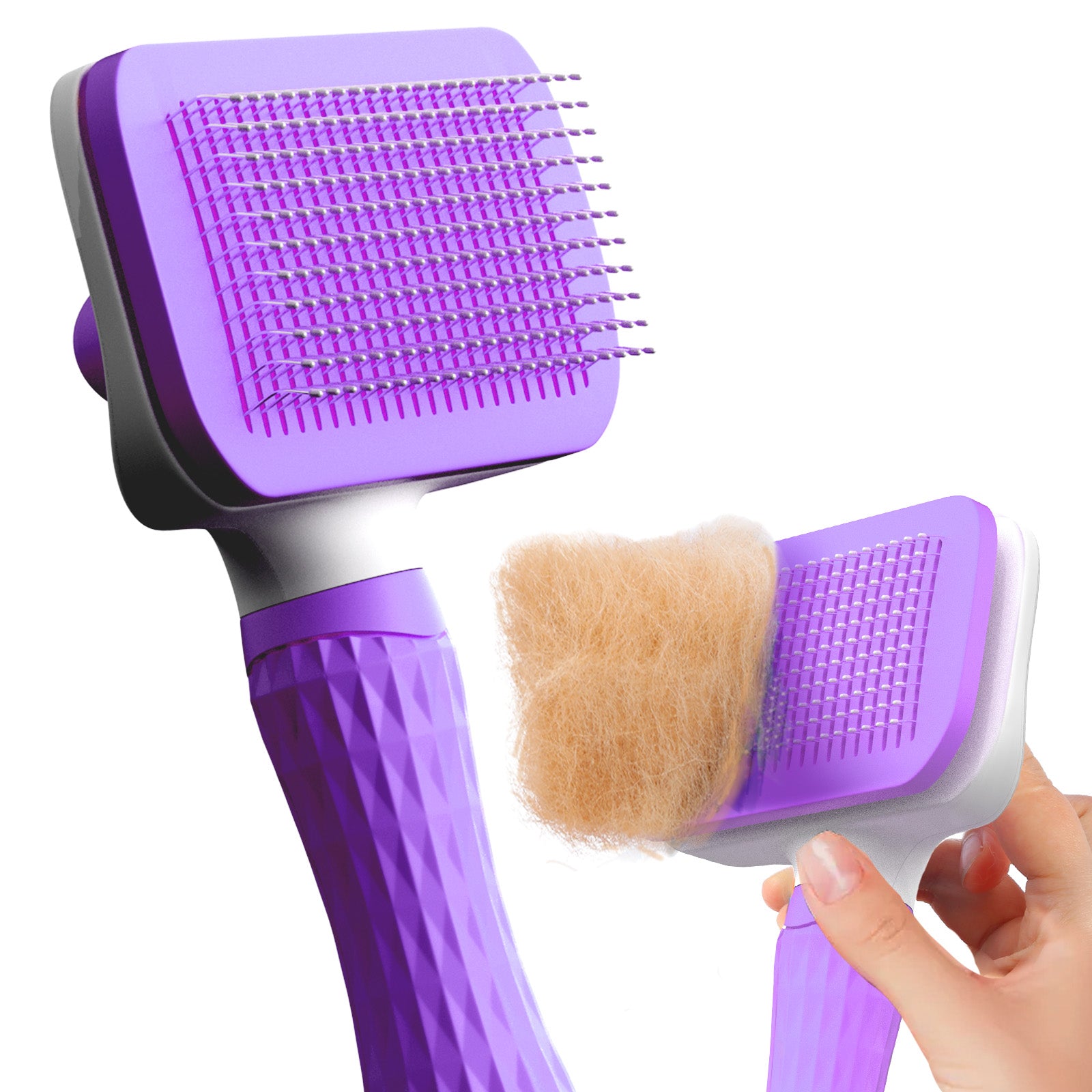 Purple pet grooming brush with a hand holding it on a white background