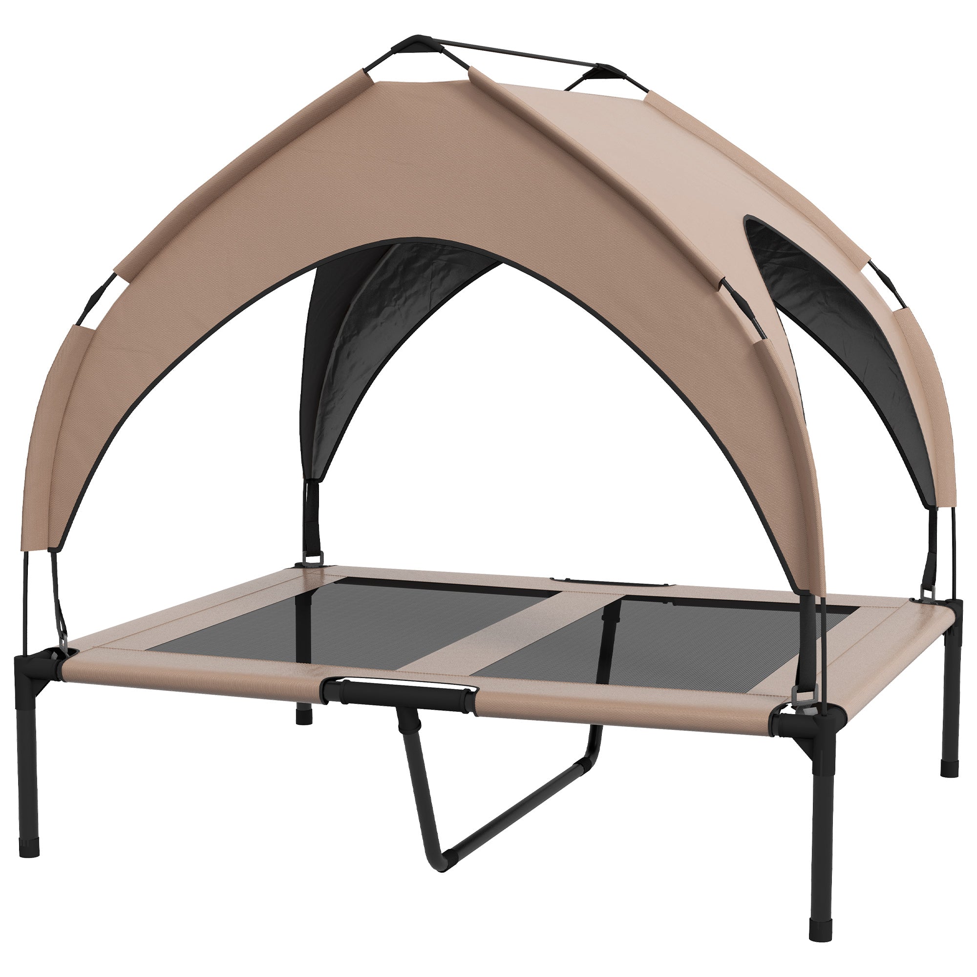Beige and black outdoor pet canopy bed on a white background