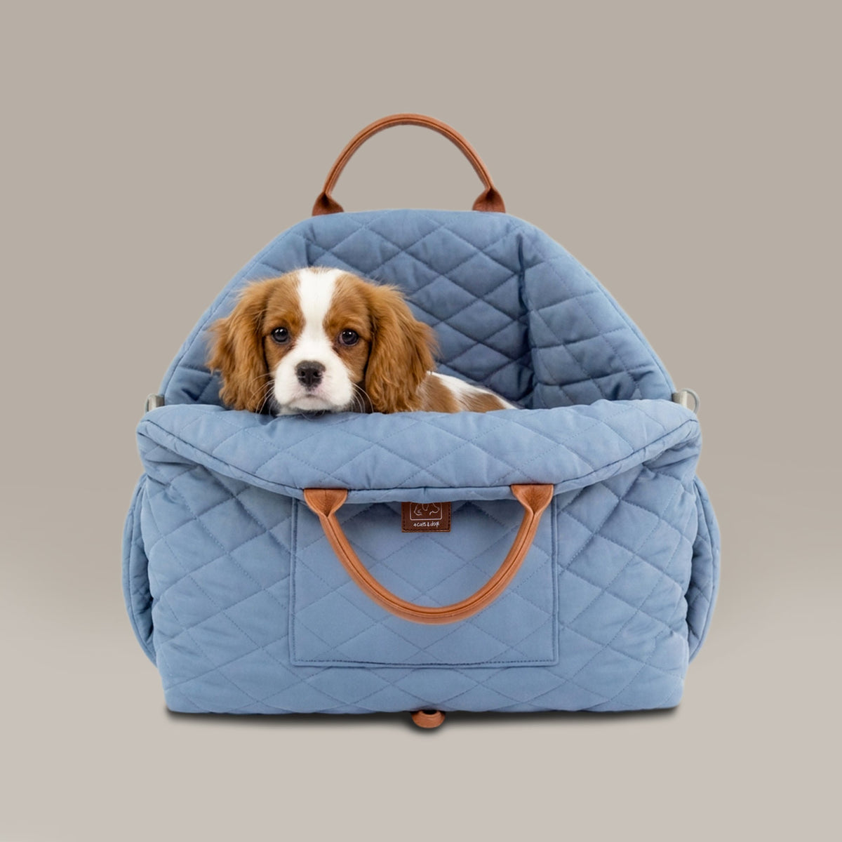 Dog in a blue pet carrier with brown leather handles on a beige background