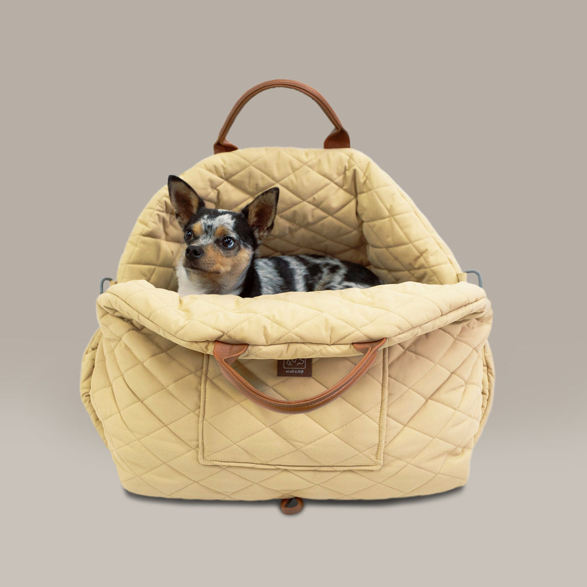 Dog inside a beige pet carrier with brown handles on a gray background
