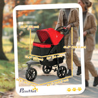 Red and black stroller with measurements and a blurred background of a person walking.