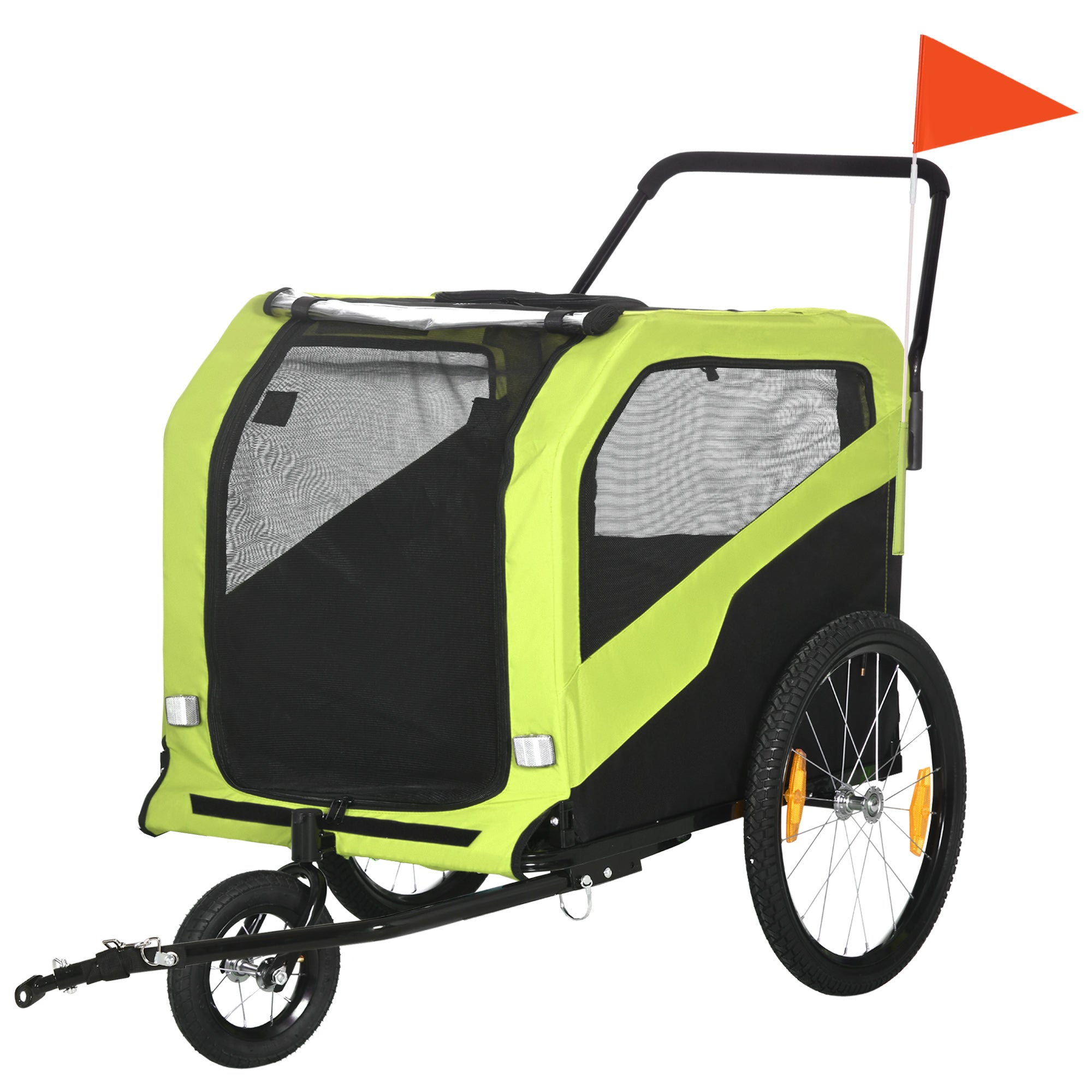 Green and black pet bike trailer with a red flag on a white background