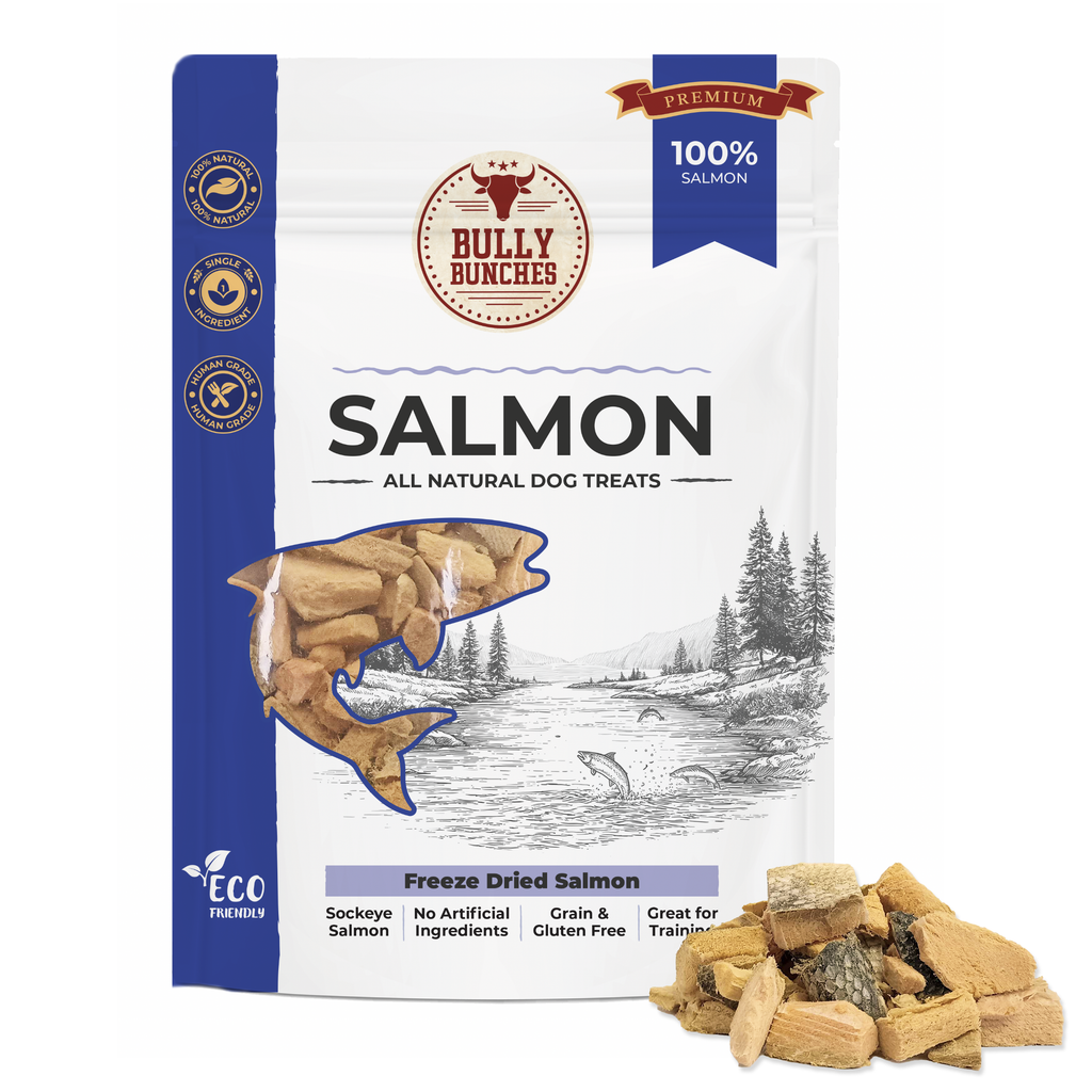A bag of Bully Bunches Freeze Dried Salmon dog treats, shown on a clean white background with a small pile of the treats in front of the package.