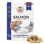 A bag of Bully Bunches Freeze Dried Salmon dog treats, shown on a clean white background with a small pile of the treats in front of the package.