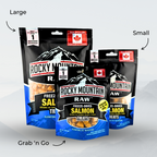 Three packages of Rocky Mountain Raw Freeze-Dried Salmon Treats on a light gray background