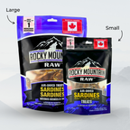 Two packages of Rocky Mountain Raw air-dried sardine treats, one large and one small, on a light gray background.