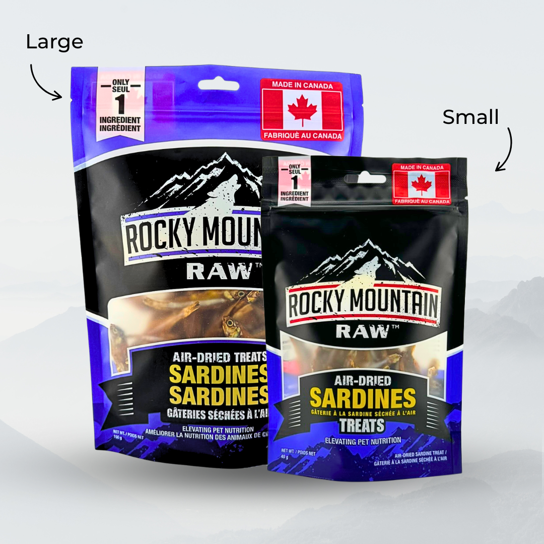 Two packages of Rocky Mountain Raw air-dried sardine treats, one large and one small, on a light gray background.