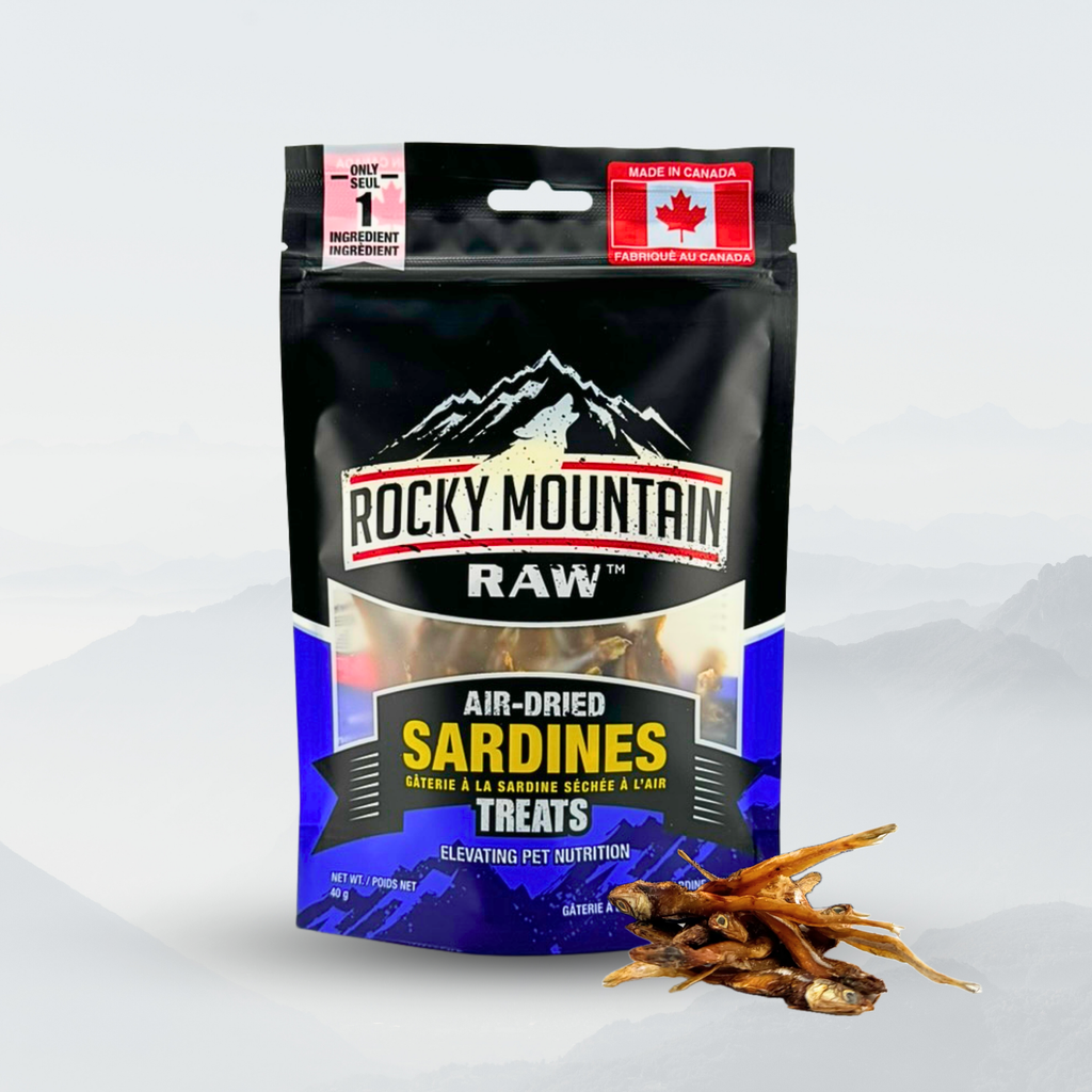 Package of Rocky Mountain Raw air-dried sardines treats on a white background
