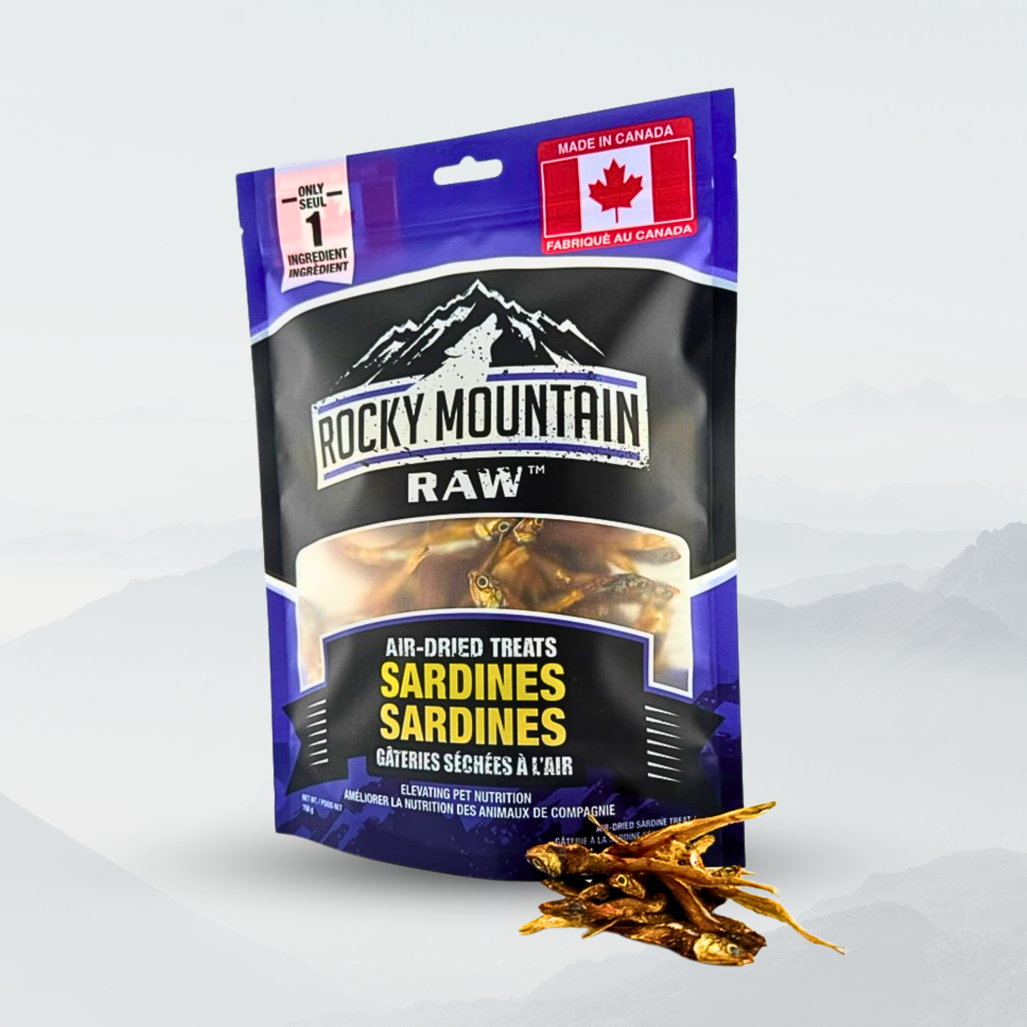 Package of Rocky Mountain Raw air-dried sardine treats on a white background