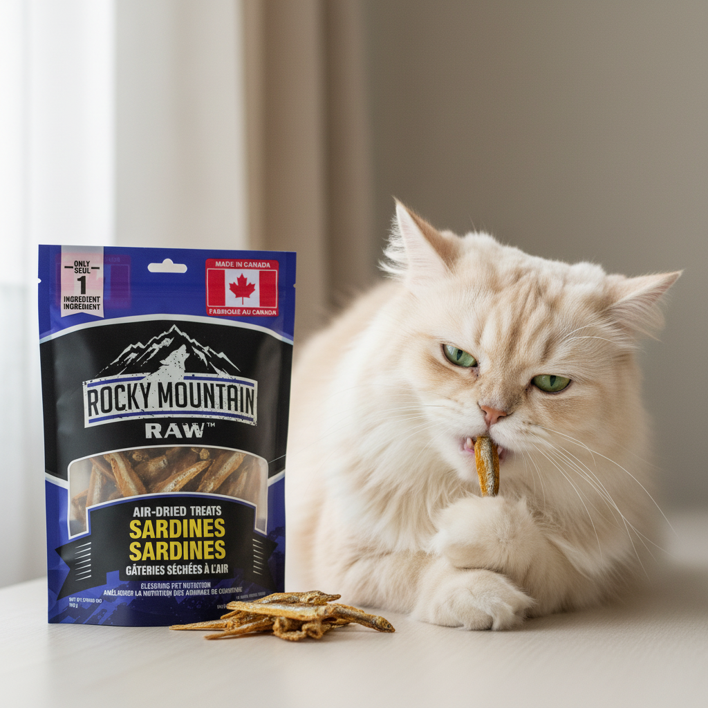 Cat eating a Rocky Mountain Raw sardine treat with the packaging in the foreground.