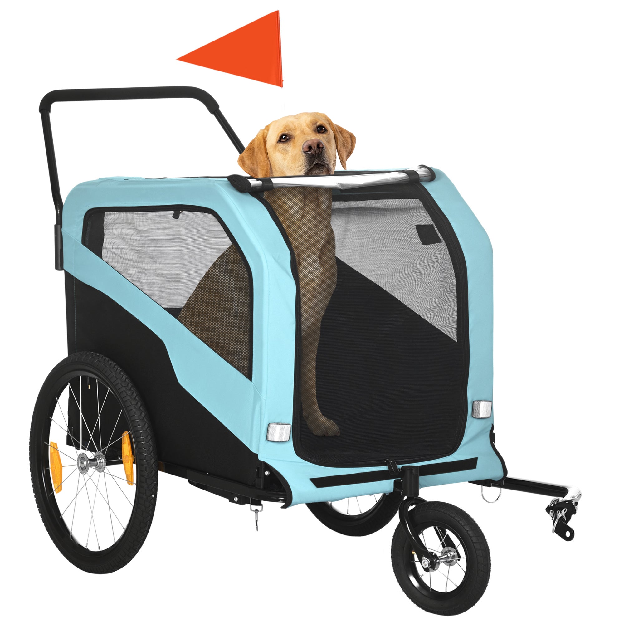Pet bike trailer and stroller with a dog peeking out, on a white background