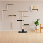 Cat tree with multiple levels and shelves in a room with a plant and chair.