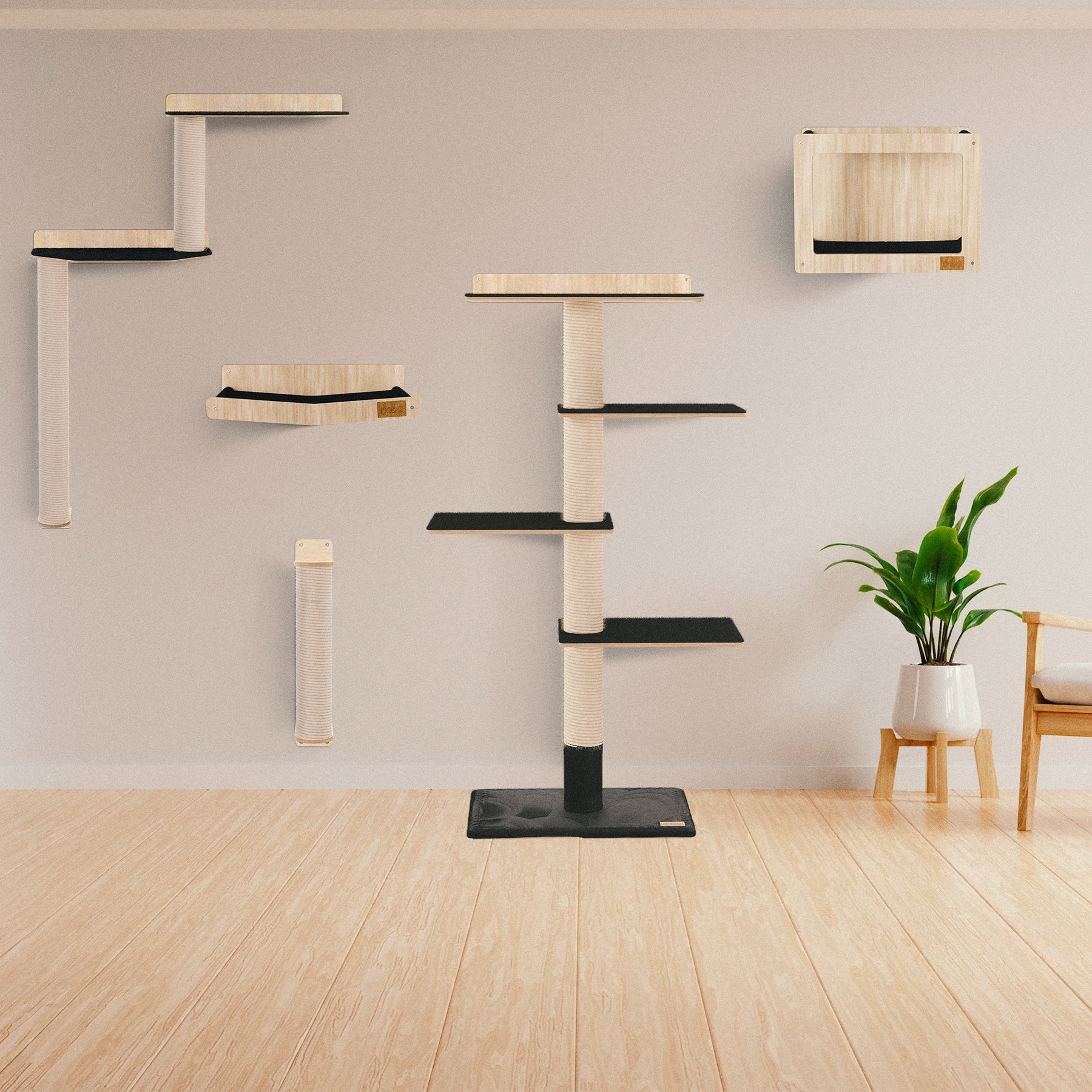 Cat tree with multiple levels and shelves in a room with a plant and chair.