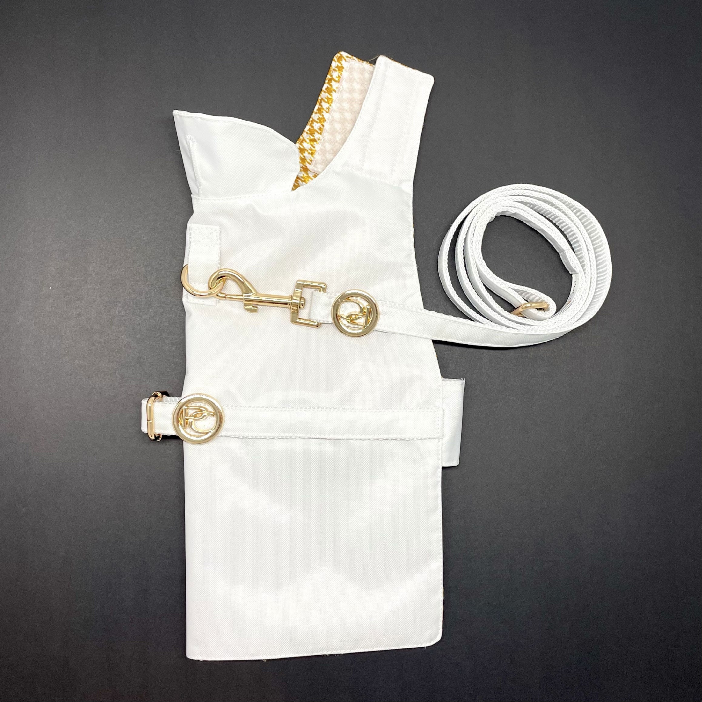 White dog raincoat with gold accents and a leash on a dark background