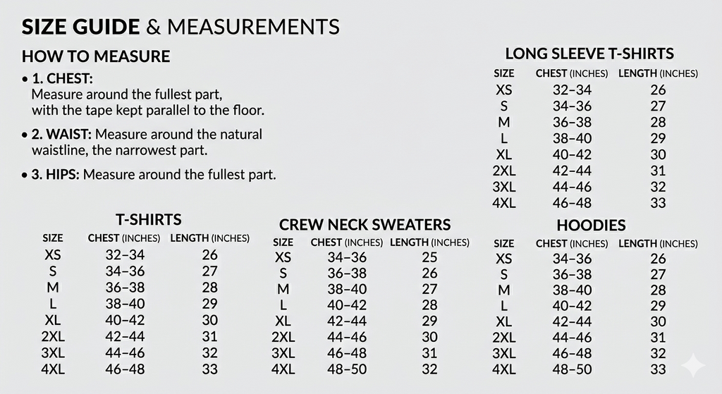 Size guide and measurements chart for shirts, crew neck sweaters, and hoodies.
