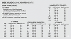 Size guide and measurements chart for shirts, crew neck sweaters, and hoodies.