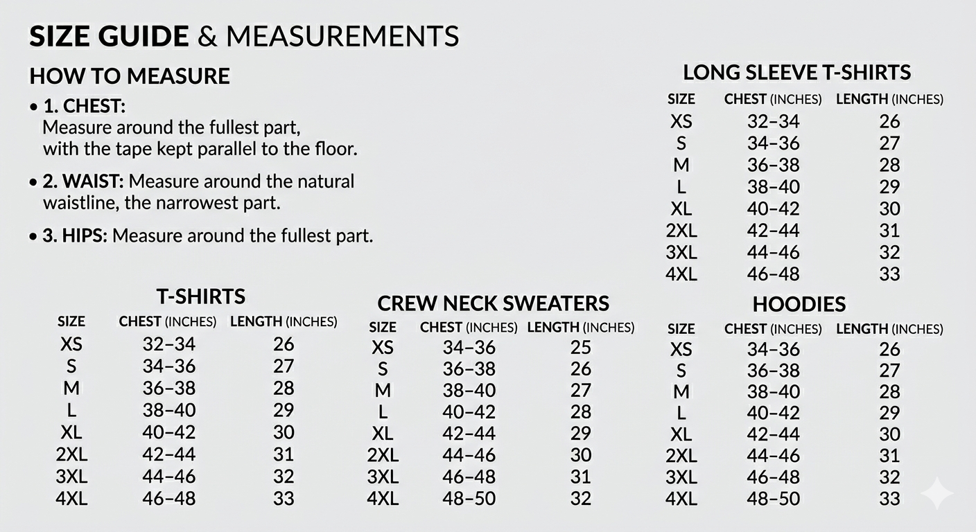 Size guide and measurements chart for shirts, crew neck sweaters, and hoodies.
