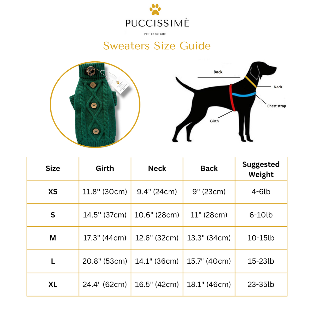 Puccissime pet clothing size guide with a green sweater and dog illustration.