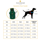 Puccissime pet clothing size guide with a green sweater and dog illustration.