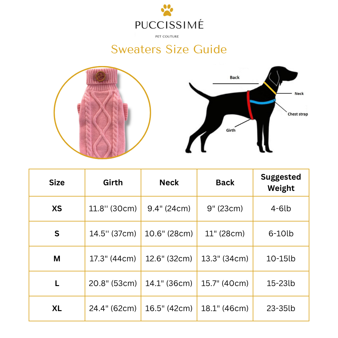 Puccissime pet clothing size guide with a pink sweater and dog illustration.