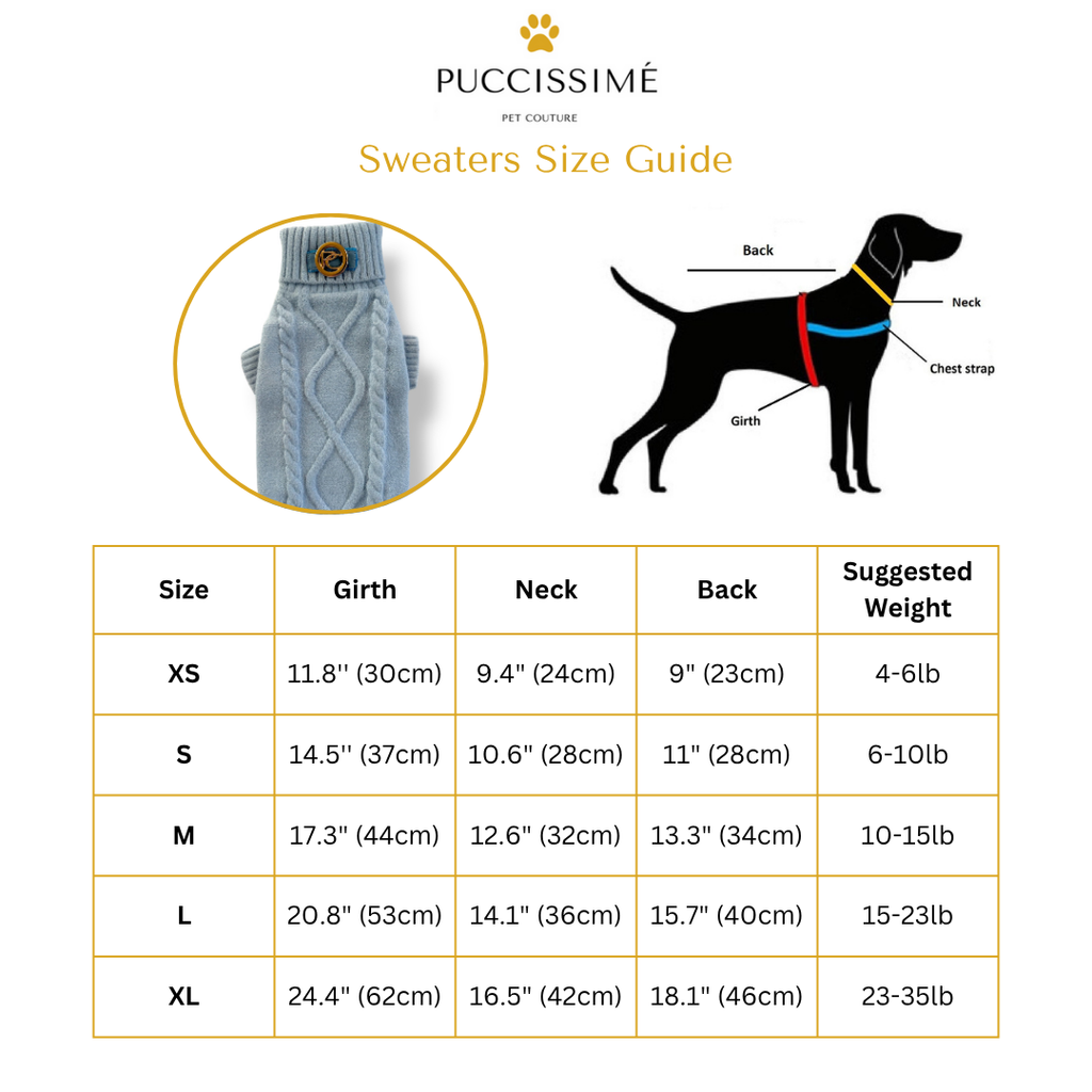 Puccissime pet clothing size guide with a dog illustration and sweater detail.