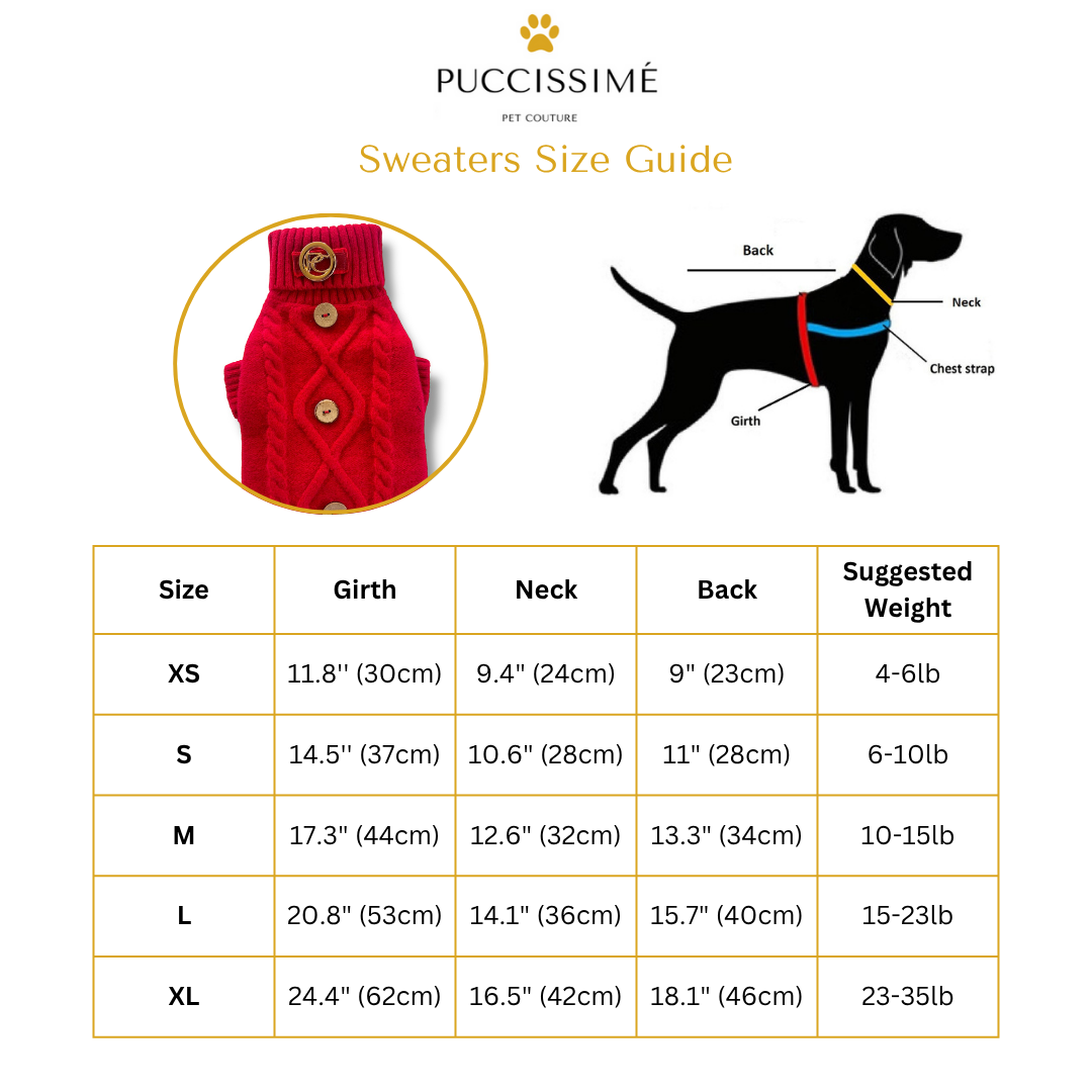 Puccissime pet clothing size guide with a red sweater and dog illustration.