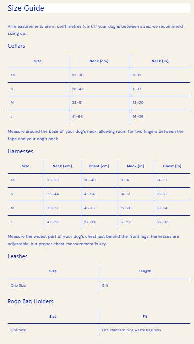Size guide for dog collars, harnesses, leashes, and poop bag holders with measurements in centimeters and inches.
