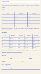 Size guide for dog collars, harnesses, leashes, and poop bag holders with measurements in centimeters and inches.