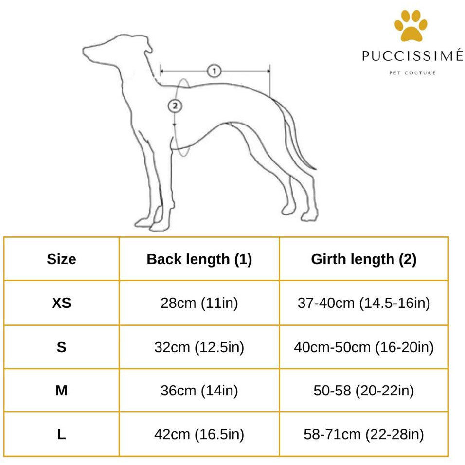 Dog measurement chart with Puccissime Pet Couture logo