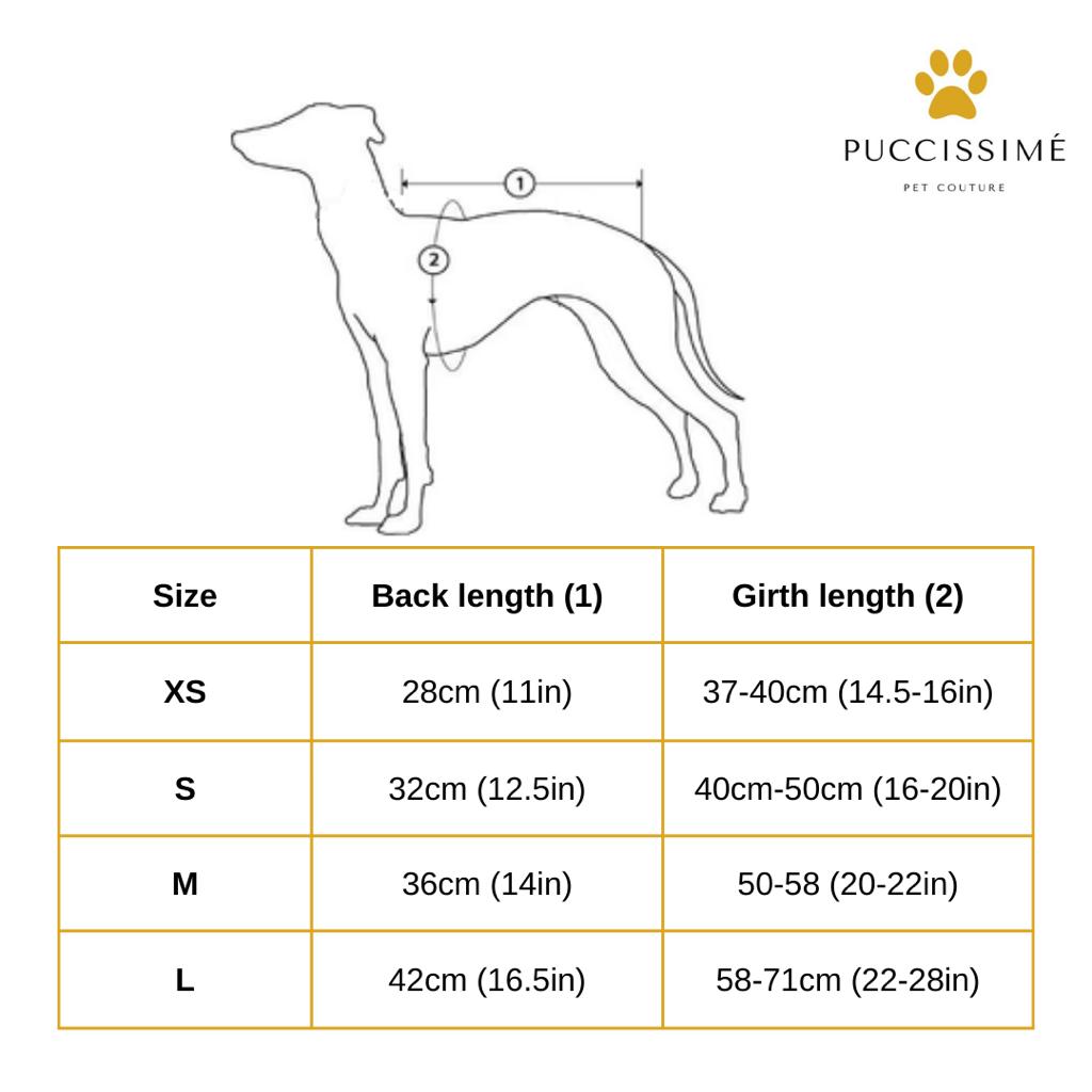Dog size chart with measurements for Puccissime pet products