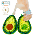 Avocado-shaped pet toy with a dog playing with it, featuring certification badges on a white background.