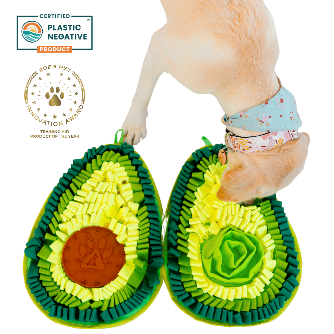 Avocado-shaped pet toy with a dog playing with it, featuring certification badges on a white background.